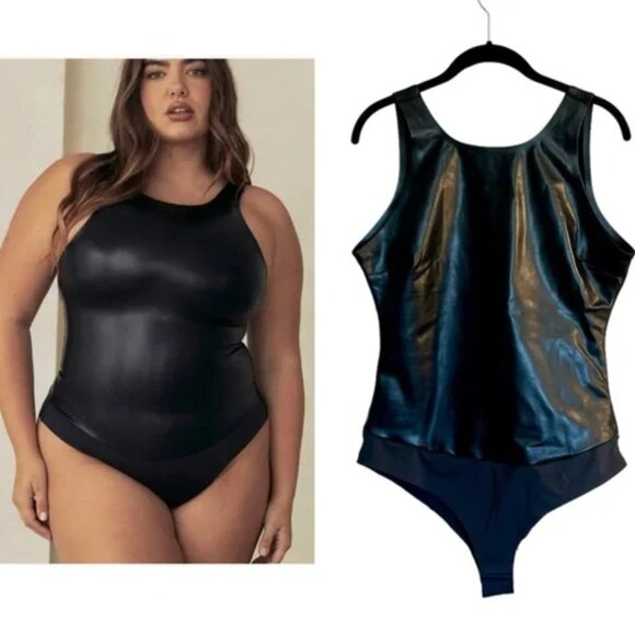 NWT Pinsy faux leather high neck shapewear bodysuit XL black gothic - Picture 1 of 4